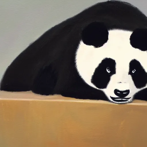 Prompt: oil painting of a sad panda that sits on a flat bench alone and sad with gym pants