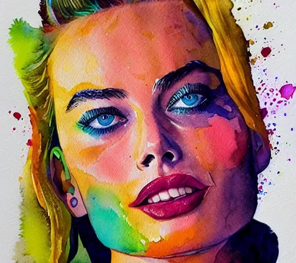 Prompt: A vibrant watercolor painting of margot robbie, trending on artstation