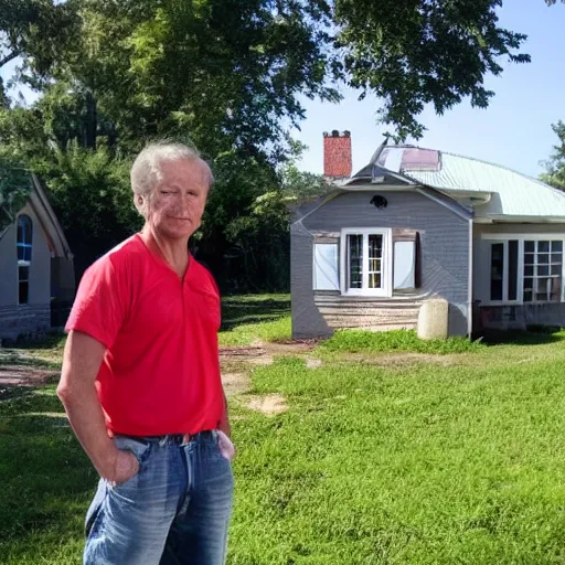 Image similar to a man standing proudly in front of a really badly built house