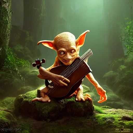 Prompt: a cute goblin playing a lute, in the style of boris valejo and patrick woodroffe, fantastic, dramatic lighting, forest, hyperrealistic, detailed, octane render