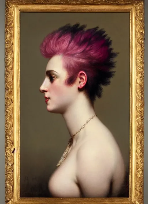 Image similar to a detailed portrait of woman with a mohawk by edouard bisson, pink hair, punk rock, oil painting, muted colours, soft lighting