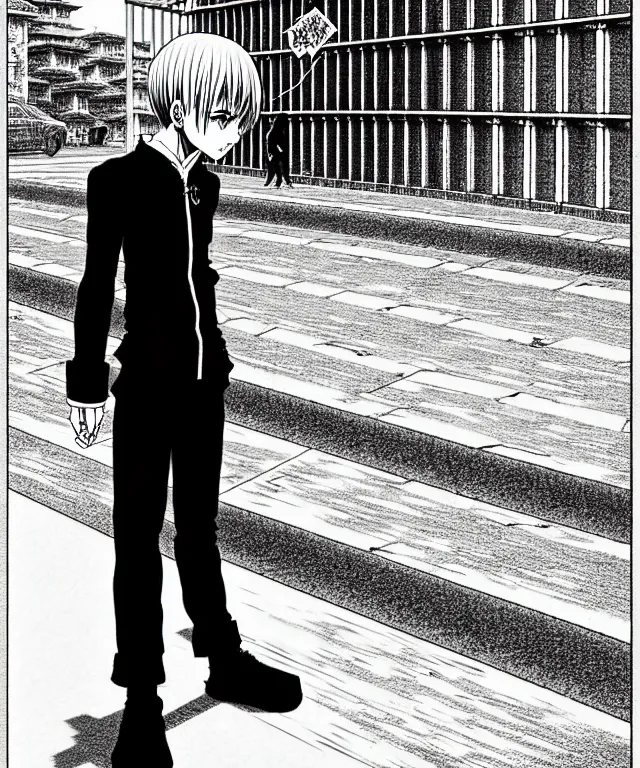 Image similar to A manga cover about a shaved-headed solo bully standing on the sidewalk. Sharp high quality manga cover, fine details, straight lines, architecture in the background, masterpiece, shading, shadows, art, highly detailed drawing by Hirohiko Araki, Akatsuki Akira, Kentaro Miura