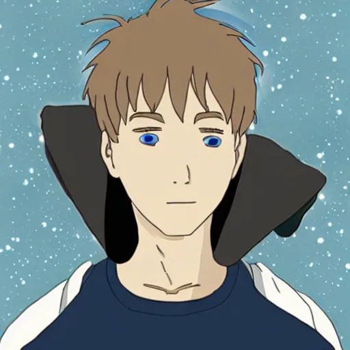 Image similar to Spirited away dark blonde guy with blue eyes in space