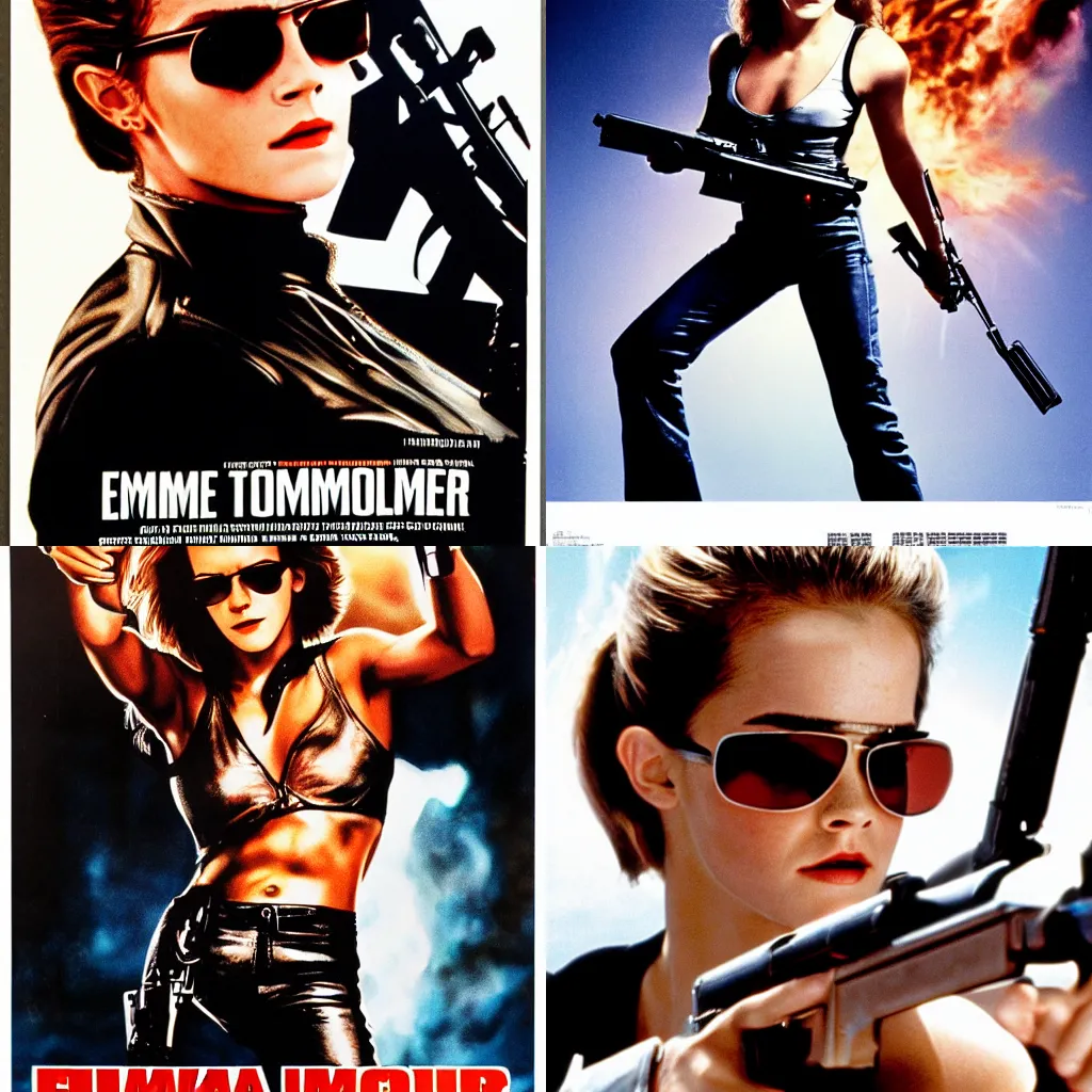 Prompt: The Terminator (1984) movie poster emma watson wearing sunglasses holding a shotgun model photoshoot f/1.4 14mm