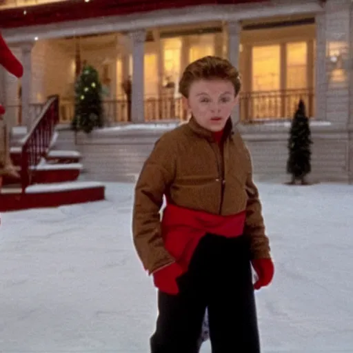 Prompt: Jean CLAUDE Van Damme starring as Kevin McAllister in Home alone, full screen shot, cinematic still