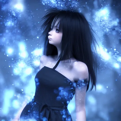 Image similar to photorealistic full body shot of masterpiece angry darkness anime girl, beautifull lovely eyes, electric aura with particles, snowing frozen ice, darkness background, detailed, unreal engine 4 k, volumetric light, fog