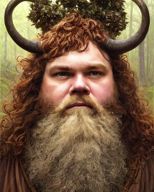 Image similar to patrick rothfuss as a forest druid with ram horns and leaves in his beard | highly detailed | very intricate | symmetrical | cinematic lighting | award - winning | closeup portrait | painted by donato giancola and mandy jurgens and magali villenueve | featured on artstation, promotional still