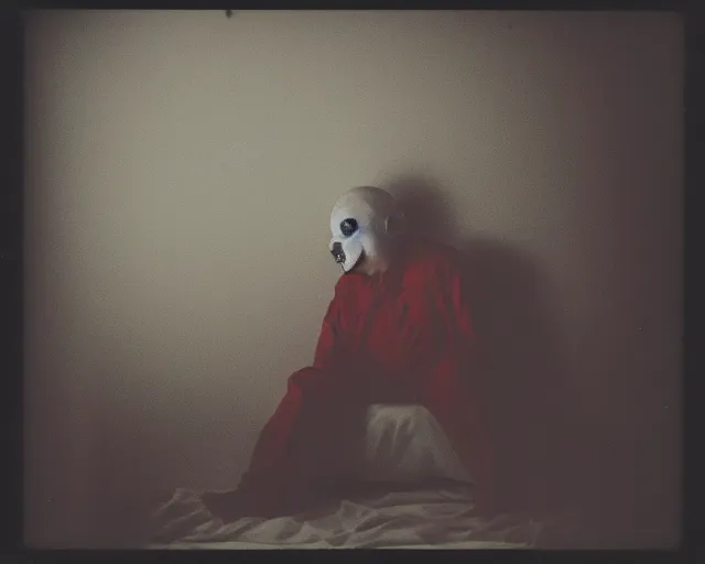 Prompt: polaroid photograph of a scary clown hiding under a bed, bedroom, moody lighting, horror