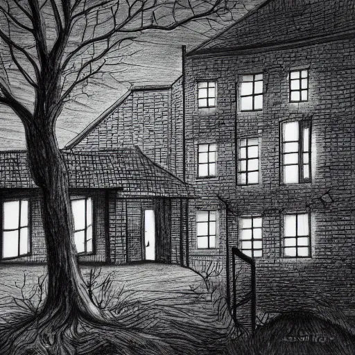 Prompt: drawing of a primary school up a hill, sadness, dark ambiance, concept by godfrey blow, featured on deviantart, sots art, lyco art, artwork, photoillustration, poster art