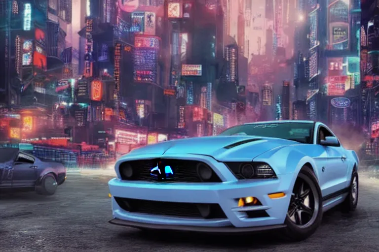 Image similar to ford mustang in cyberpunk city