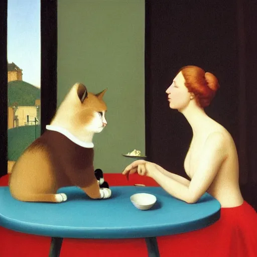 Prompt: a boring woman and her cat sharing a meal by Raphael, Hopper, and Rene Magritte. detailed, romantic, enchanting, trending on artstation.