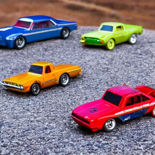 Prompt: various hotwheel cars in real life, speeding down an unpaved back road.