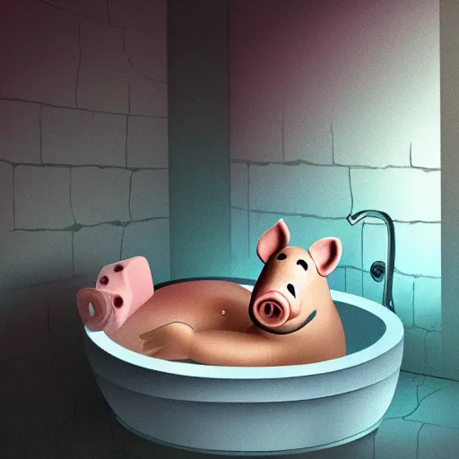 Image similar to a cartoon humanoid anthropomorphic pig lay in the tub, smoking, digital art, very strong lighting, trending on artstation