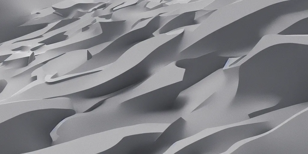 Image similar to abstract 3d landscape painting by zaha hadid, redshift, octane