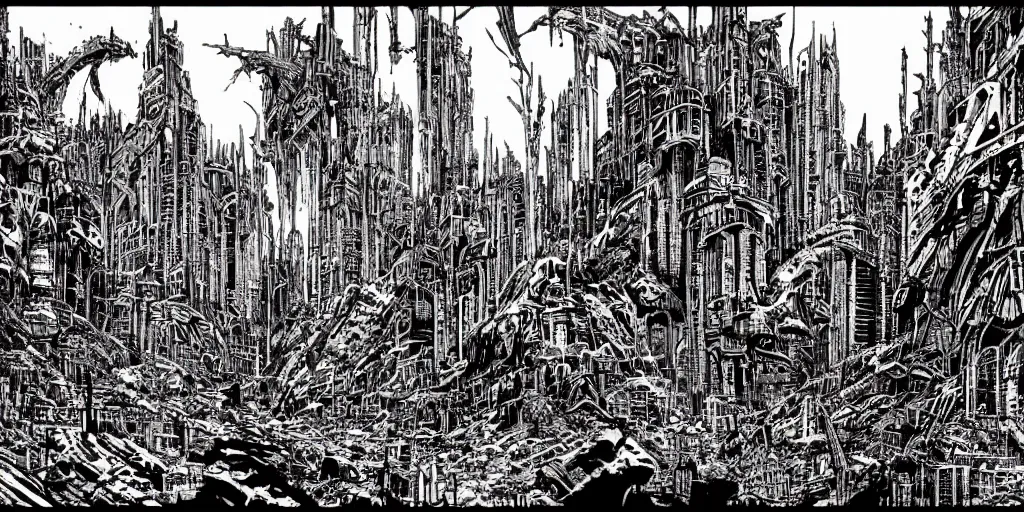 Image similar to post apocalyptic scifi landscape with city ruins by philippe druillet