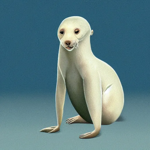 Image similar to bipedal albino amphibious otter seal alien creature with big eyes and a fat tail, speculative biology, big eyes