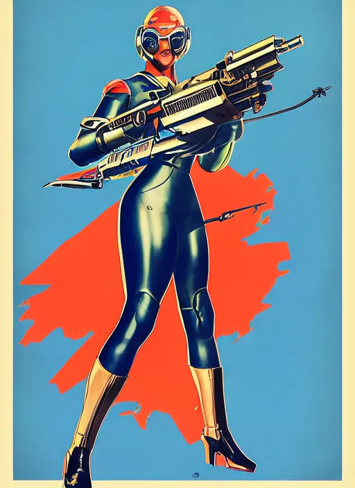 Image similar to american propaganda poster art. powerful cyberpunk pilot. portrait by jean giraud and anton otto fischer and john philip falter and will eisner and gil elvgren and pixar. full body. realistic proportions. science fiction d & d. overwatch, rb 6 s, cyberpunk 2 0 7 7, blade runner 2 0 4 9 concept art. cel shading. thick lines.