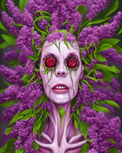 Image similar to Haunting horrifying detailed painting of a tall skinny extraterrestrial flower monster made of lilacs, roses, lilies and daffodils, telekinetic aura, magical powers, and bloodshot eyeballs, hyper detailed, trending on Artstation