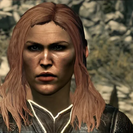 Image similar to character screenshot of ufc ronda rousey dc in skyrim, female armor, npc talking, wilderness, 1 0 8 0 p, bokeh, elder scrolls v, detailed, dialog text