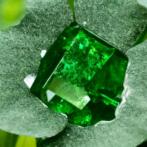 Image similar to a plant growing cut emerald gemstones instead of fruit