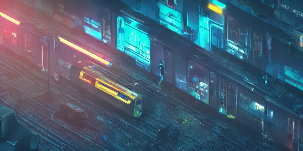 Prompt: cyberpunk moody isometric scene with futuristic train made of glass and a man standing inside of the train, high angle. With foggy cyberpunk neon city as a background. Digital art, octane render, unreal engine, realistic. beautiful lighting, sharp, details, hyper-detailed, HD, HDR, 4K, 8K