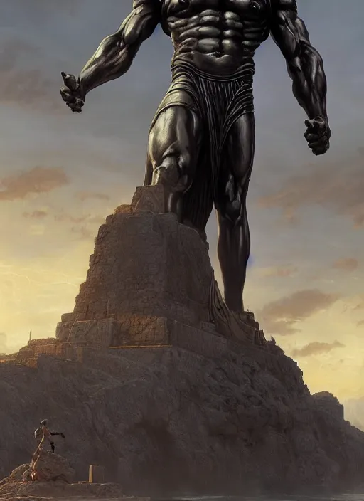 Image similar to the colossus of rhodes, epic science fiction horror digital matte painting by steve henderson and mark brooks ( and greg rutkowski ), extremely detailed, artstation
