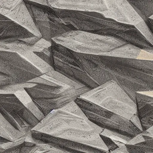 Prompt: masterpiece abstract intricate painting of detailed highly layered angled rocky field along a landscape surface of rectangular shapes. thin pencil rough sketch lines slanting down provide a sense of movement. quarter view angles. beautiful use of light to create a sense of a stony surface. using architectural techniques with an engineering quality and a rich earthy color palette, providing a mathematical feel.