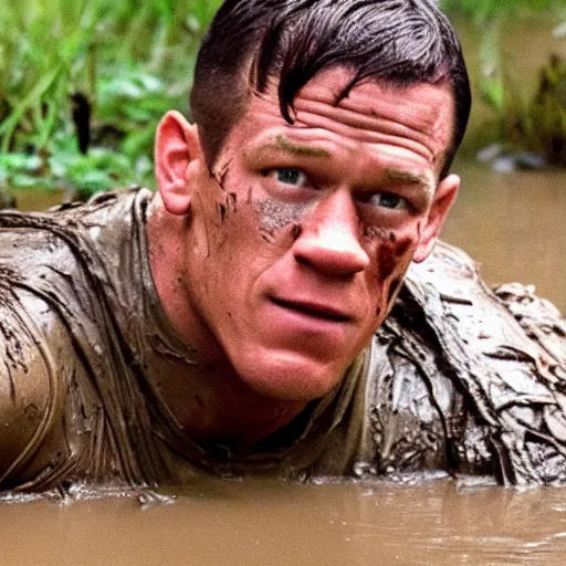 Image similar to film still of john cena as major dutch, covered in mud, hiding from the predator in swamp scene in 1 9 8 7 movie predator, hd, 8 k