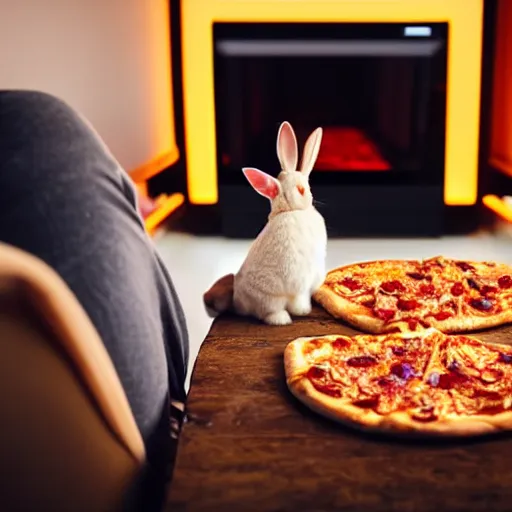 Prompt: A lop rabbit eating pizza while watching tv