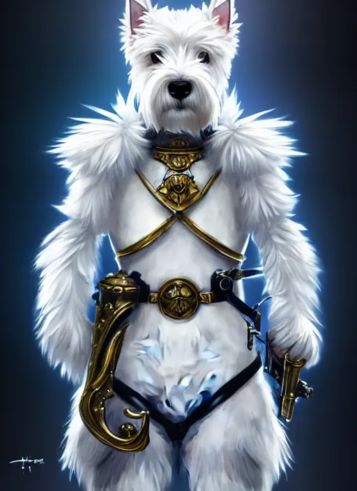 Image similar to a west highland white terrier, anime art style, wearing futuristic, led - lit armor, and a cannon mounted on his back, portrait, high detail, sharp focus, digital painting, artstation, concept art, art by hayao miyazaki and artgerm and greg rutkowski and alphonse mucha.