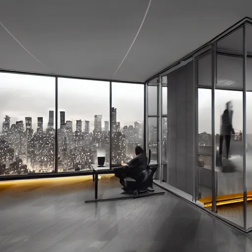 Image similar to architect working in a modern office interior at night overlooking central park in a blizzard, ultra detailed, modern lounge chair, warm interior, fireplace, epic composition, advertising photography