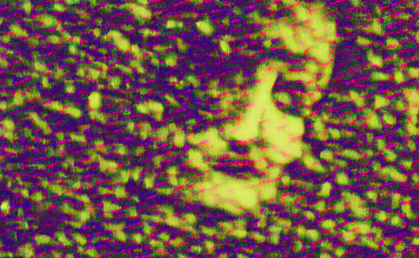 Prompt: vhs video glitch of a pixelated portrait woman trying hidden underneath a bedsheet, by bekinski, unsettling moody vibe, vcr tape, 1 9 7 0 s analog aesthetic, directed by david lynch, colorful static, datamoshed pixel stretching