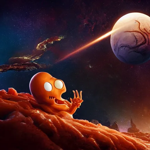 Image similar to eldritch horror bloody garfield in space, hd, 8 k, giant, epic, realistic photo, unreal engine, stars, prophecy, powerful, cinematic lighting, destroyed planet, debris, violent, sinister, ray tracing, dynamic, epic composition, dark, horrific, teeth, grotesque, monochrome drawing, hellscape