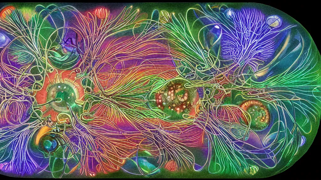 Prompt: quantum connections represented as symbiotic organisms like cells playing around with colorful lights by ernst haeckel, connectivity, sharp, futuristic, magnetic