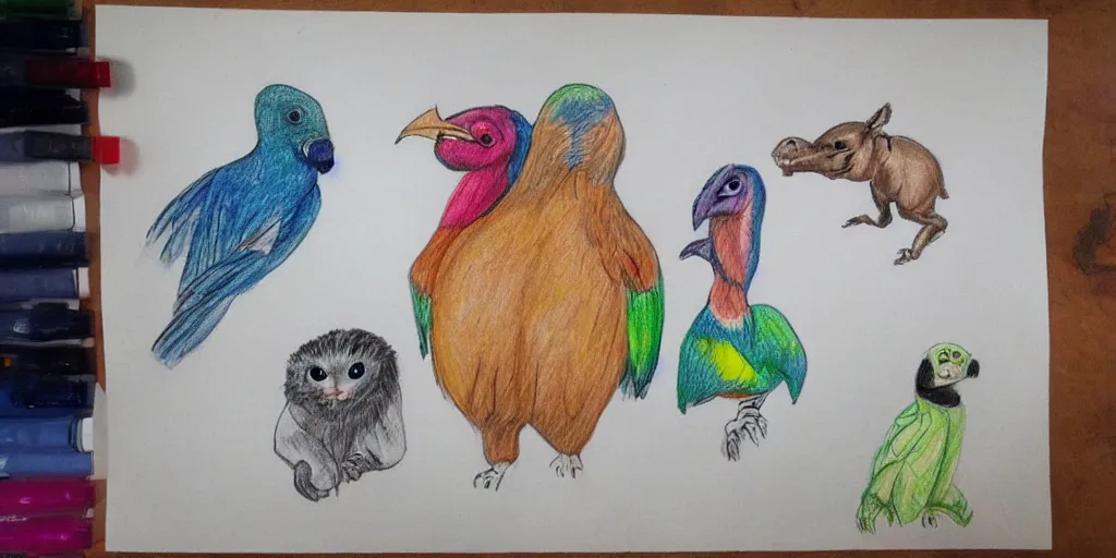 Image similar to A drawing on colored paper of a 6-year-old boy. It shows animals of the Amazon.