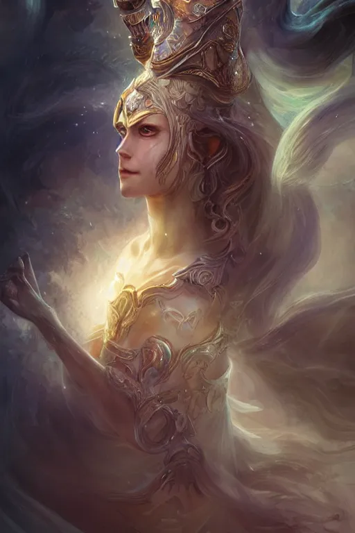 Image similar to zodiac knight, beautiful face, ethereal, gorgeous, volumetric lighting, elegant, fluid, highly detailed, digital painting, concept art, highly detailed, smooth, illustration, limited color palette, atmosphere and tension, art by greg olsen and liz lemon swindle