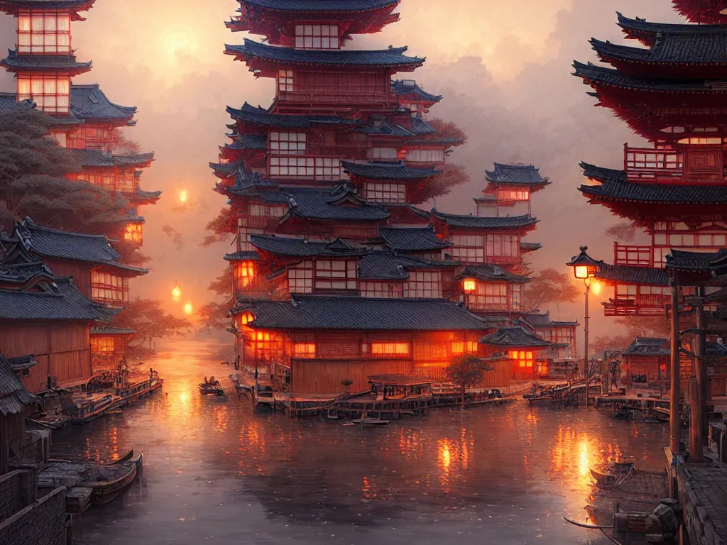 Image similar to old japanese small town viewed from harbor, d & d digital painting, intricate details, ultra realistic, beautiful, volumetric lighting, warm colors advance, cell shading, by james jean, greg rutkowski, gerald brom, wlop