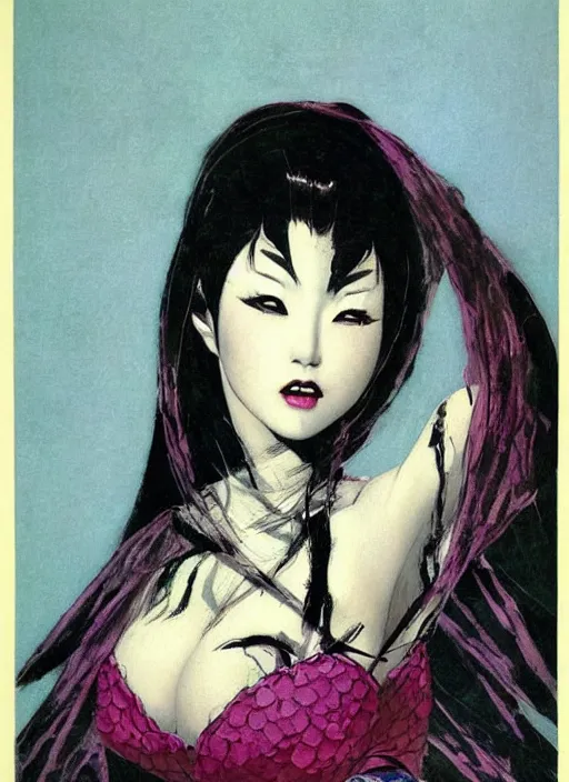 Image similar to portrait of mighty korean vampiress, jeweled veil, strong line, saturated color, beautiful! coherent! by frank frazetta, high contrast, minimalism