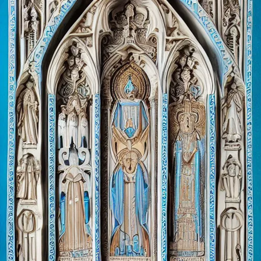 Prompt: intricate colorfully painted carved soapstone relief paneling, white and pale blue, celestial, ghostly, cathedral, insanely detailed, depiction of the saints