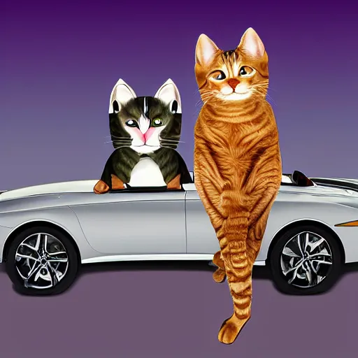 Image similar to wealthy humanoid cats driving luxury cars, digital art