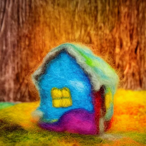 Image similar to small wooden house in the middle of enchanted forest, bright colours, watercolor, volumetric wool felting, macro photography, children illustration, by vacher christophe