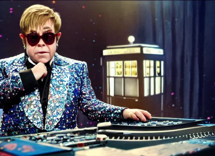 Image similar to a film still of elton john as the new doctor in doctor who