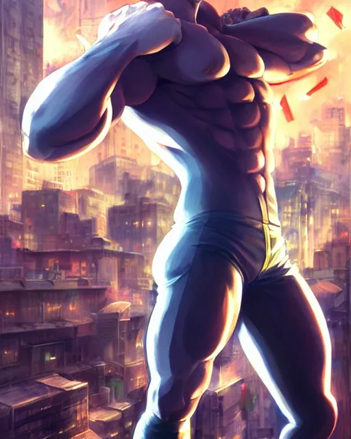 Prompt: gigachad luigi bodybuilder charging ultimate attack fighting like one punch man wearing a suit in the city, fantasy character portrait, ultra realistic, anime key visual, full body concept art, intricate details, highly detailed by greg rutkowski, ilya kuvshinov, gaston bussiere, craig mullins, simon bisley