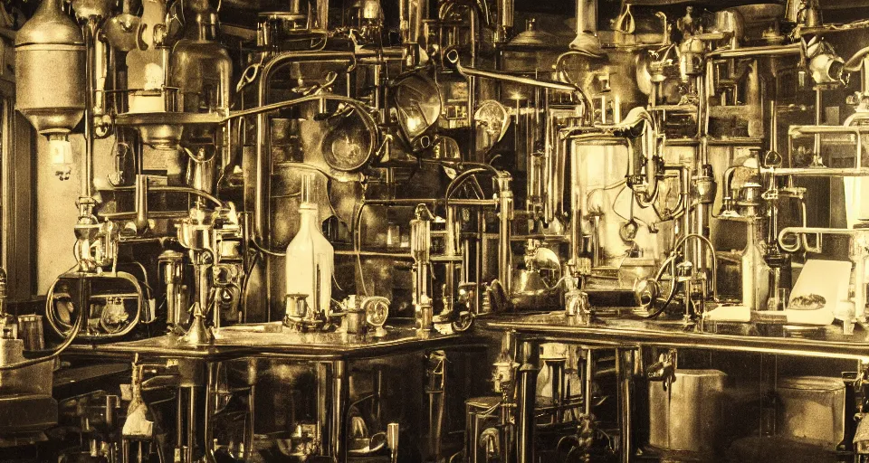 Image similar to a laboratory filled with alchemy equipment, victorian era, gold dust, depth of field