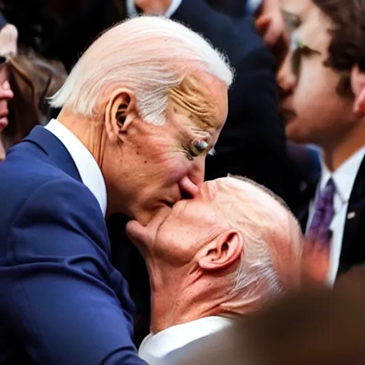 Image similar to joe biden kissing joe biden on his forehead, cute, gentle, lovely