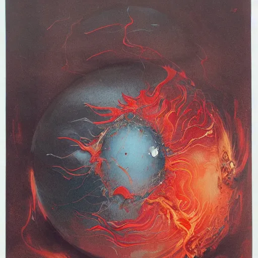 Image similar to a sphere being devoured by abstract splatters of paint in the style of francis bacon, venus being engulfed in flames in the style of james jean, surreal, beksinski, high detailed