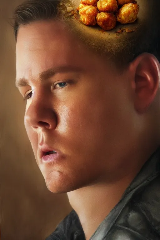 Image similar to a tater tot with channing tatum face, oil on canvas, intricate, 8 k highly professionally detailed, hdr, cgsociety