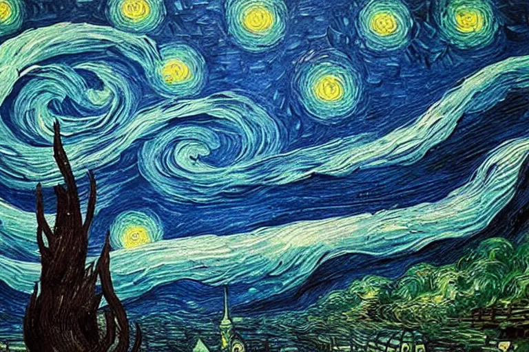 Image similar to man is seeing old god cthulhu terrifying the night sky of a city, epic scene oil painting hyper - detailed realistic dark - art painted by van gogh