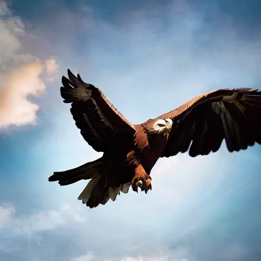 Image similar to cinematic photo of a giant eagle snatching away grimace with its talons, camera is looking up at the subject in the sky with fancy clouds behind