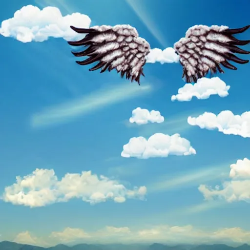 Image similar to bright blu sky. fluffy clouds. angels with big wings wake - up